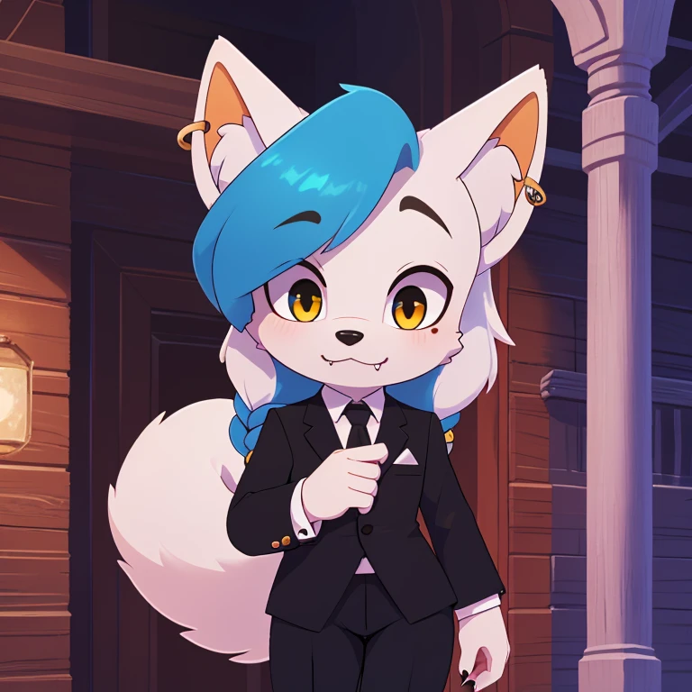 Mobian, ((arctic fox, long hair, fluffy hair, fluffy tail, finger claws, cute fangs, heterochromia, yellow eyes, blue eyes, kemono, braided hair, ear piercing, inner ear fluff, :3, multicolored hair, white hair, blue hair, highlights (coloring))), female anthro, high resolution, beautiful face, beautiful eyes, hyper detailed, Masterpiece, high quality, studio quality, intricate details, 8k, dynamic shot, HD, absurd res, digital media, ((tuxedo, dress pants))