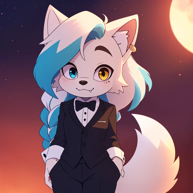 Mobian, ((arctic fox, long hair, fluffy hair, fluffy tail, finger claws, cute fangs, heterochromia, yellow eyes, blue eyes, kemono, braided hair, ear piercing, inner ear fluff, :3, multicolored hair, white hair, blue hair, highlights (coloring))), female anthro, high resolution, beautiful face, beautiful eyes, hyper detailed, Masterpiece, high quality, studio quality, intricate details, 8k, dynamic shot, HD, absurd res, digital media, ((tuxedo, dress pants))