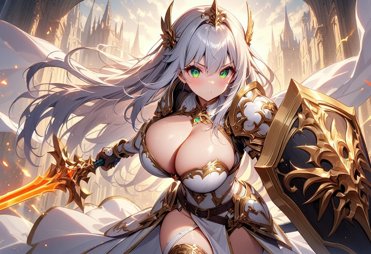 masterpiece,best quality, knight, long hair, silver hair, green eyes,((1girl)), (white_armor), golden ornaments, sword, shield, ((holding sword)), ((big breasts)), exposed belly, 1girl, cleavage, legs exposed, ((shield-over_arm)), ((Perfect face)),add_detail:1, add_detail:0, add_detail:0.5, ((Sword and shield))