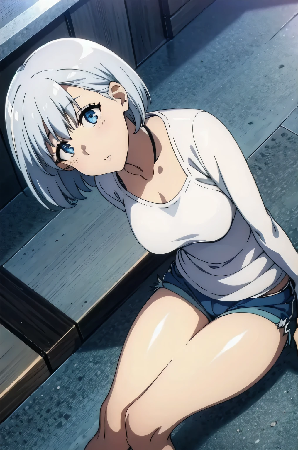 silver hair,short hair,blue eyes,shorts,top-tank