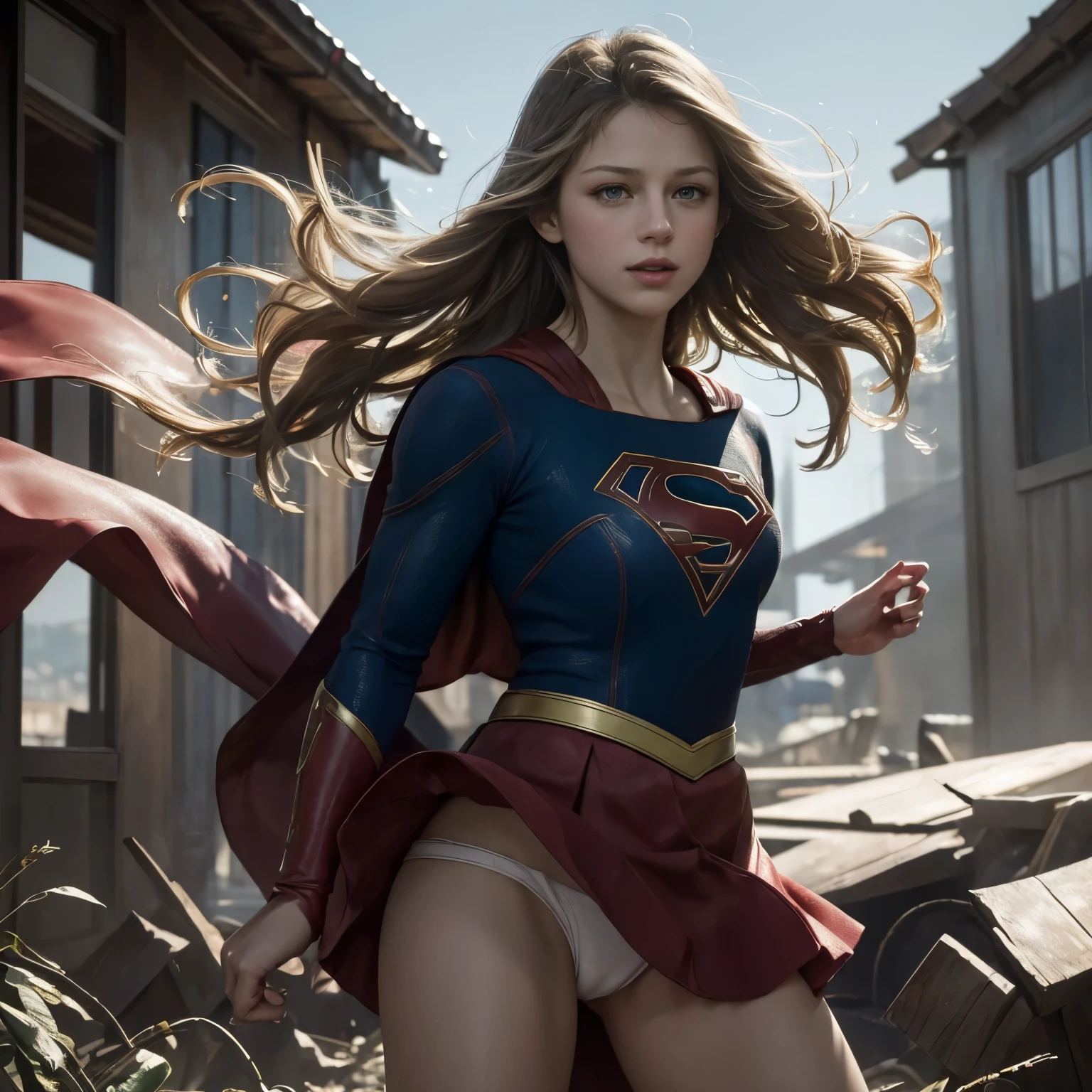 (Masterpiece, Best Quality, Best Quality, Official Art, Beautiful and Aesthetic:1.2), (1 Girl)Beautiful Body, Detailed Face, Maximum Details, Neutral Colors, HDR, Subdued Colors, , Hyper Detailed, Masterpiece, 8K, wallpaper, (detailed), high quality, ((high detailed skin, skin details)), sharp focus, 8K uhd, film grain,Supergirl ,strong wind from below,Melissa Benoist shouting,White_panties,(upskirt),red_skirt,erect nipple,