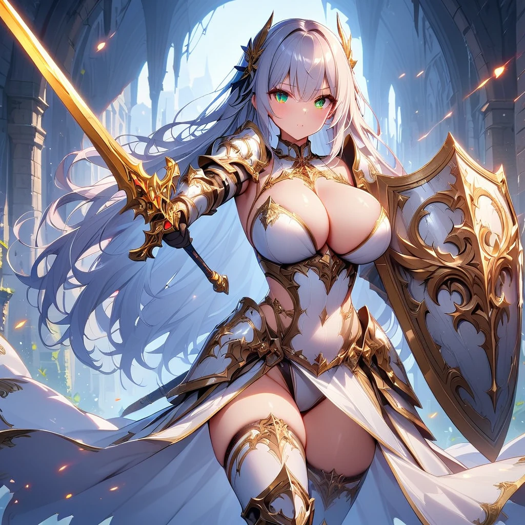 masterpiece,best quality, knight, long hair, silver hair, green eyes,((1girl)), (white_armor), golden ornaments, sword, shield, ((holding sword)), ((big breasts)), exposed belly, 1girl, cleavage, legs exposed, ((shield-over_arm)), ((Perfect face)),add_detail:1, add_detail:0, add_detail:0.5, ((Sword and shield))