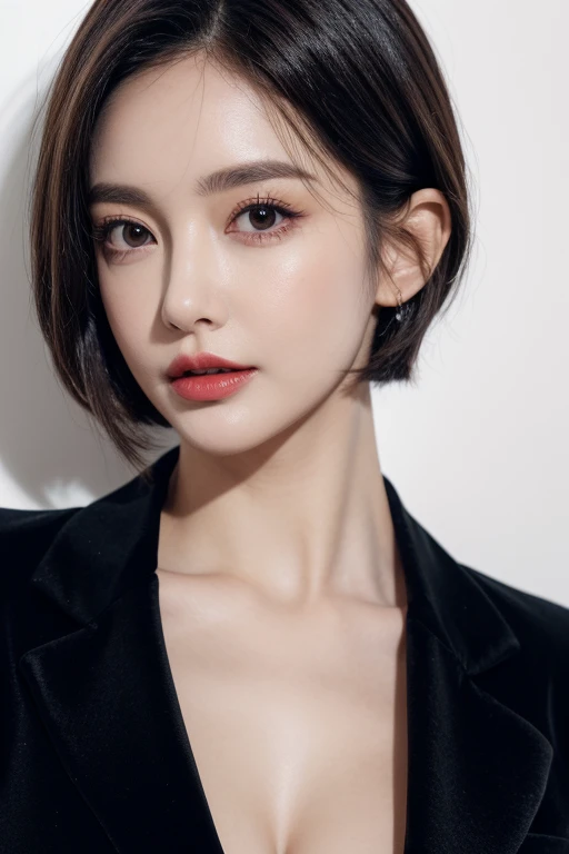 a woman, beautiful, amazing face and eyes, cosmetic, red glossy lips, (Wearing a black blazer),(Extremely detailed beautiful face),(best quality), (Super detailed), (Extremely detailed CG unified 8k wallpaper),original photo, Professional photography, (standing), (White background),(black hair),(big eyes),(Soft light source),(A little cleavage),small breasts,(Photos from the waist up),Suit shorts,(short hair)