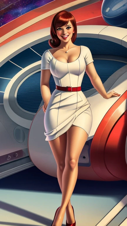 (best quality, 8k, masterpiece, ultra-detailed),vintage Woman 32 years-old pin-up,crossed pantyhosed legs,red straight hair,bangs,beautiful detailed face, big eyelashes,ponytail,little smile,jewerly,((((dress printeded)))),futuristic spaceship scenario