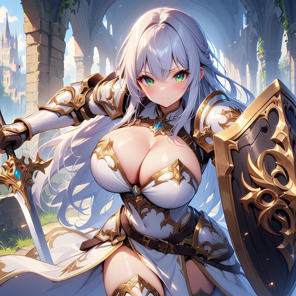 masterpiece,best quality, knight, long hair, silver hair, green eyes,((1girl)), (white_armor), golden ornaments, sword, shield, ((holding sword)), ((big breasts)), exposed belly, 1girl, cleavage, legs exposed, ((shield-over_arm)), ((Perfect face)),add_detail:1, add_detail:0, add_detail:0.5, ((Sword and shield))
