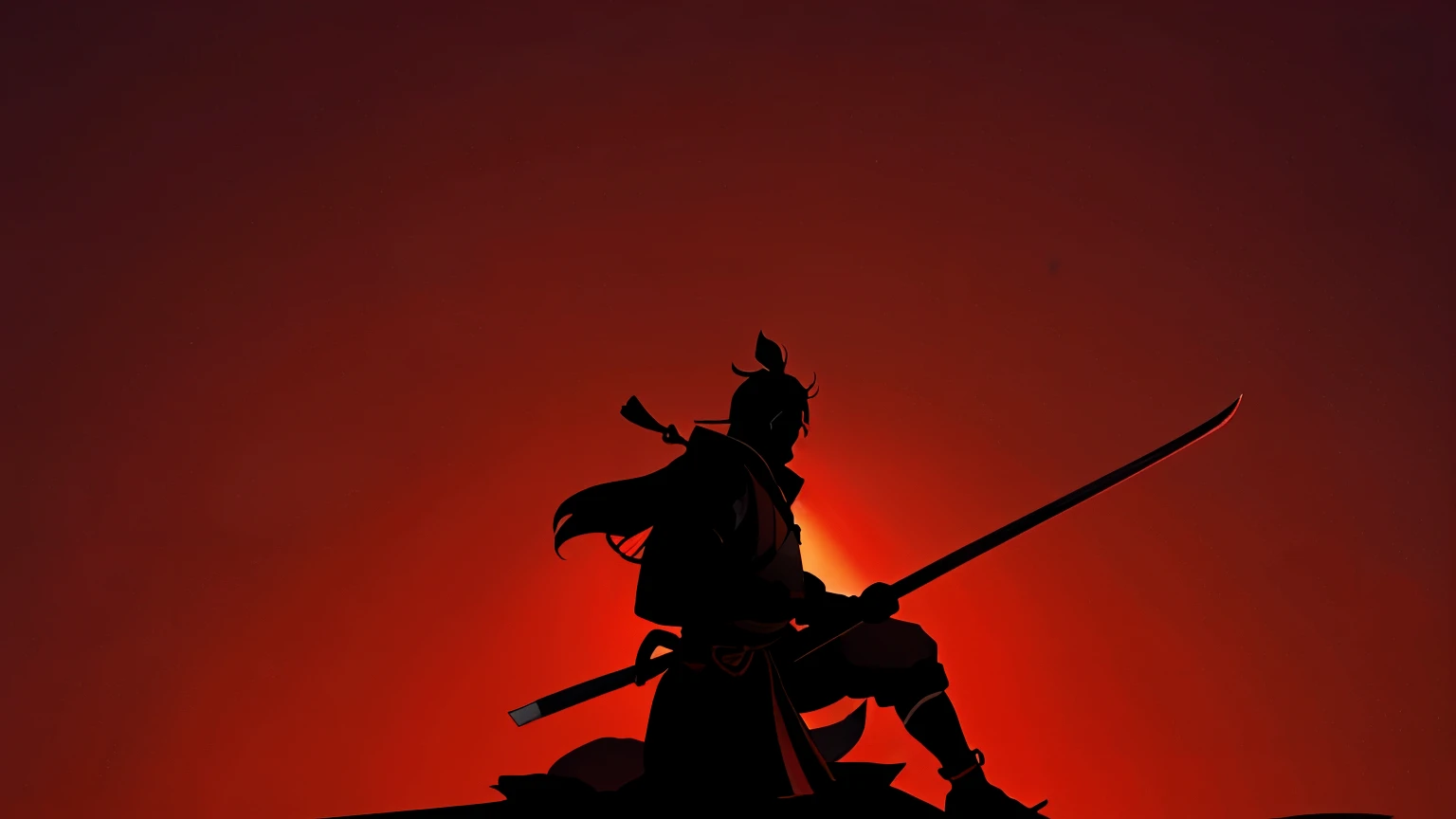 Samurai of the Japan, silhouette, cool, Red background, Ultra-wide angle view, Anime Style