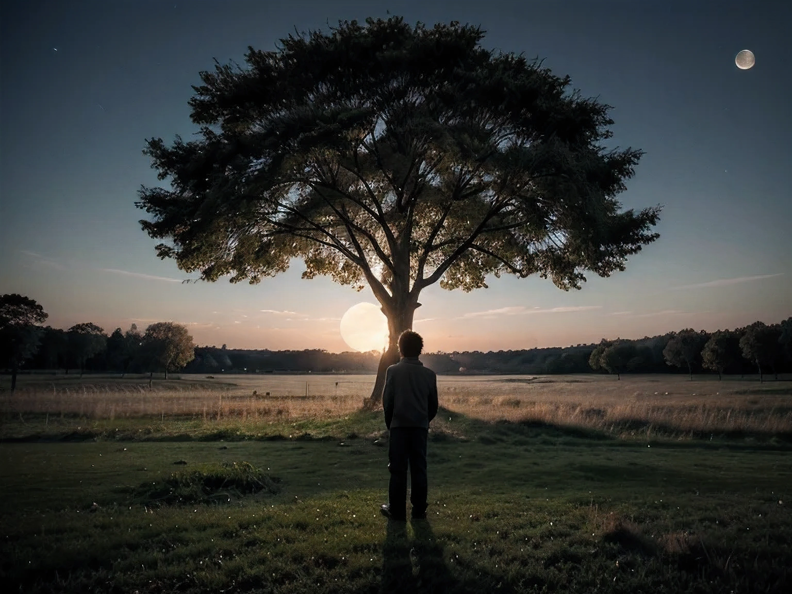 Full moon night, a big tree inside the grass and one side of frame a boy look at the moon and wind flow speedy