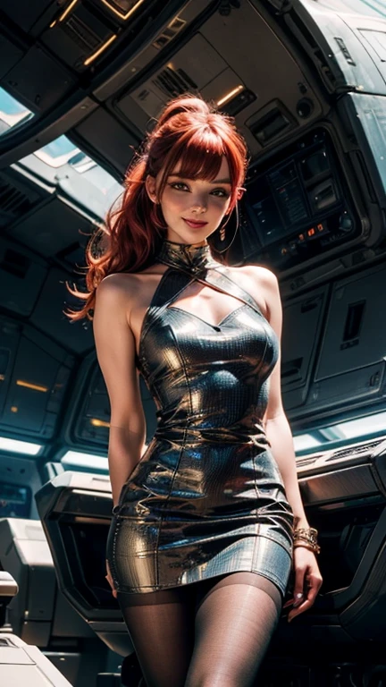 (best quality, 8k, masterpiece, ultra-detailed),vintage Woman 32 years-old pin-up,crossed pantyhosed legs,red straight hair,bangs,beautiful detailed face, big eyelashes,ponytail,little smile,jewerly,((((dress printeded)))),futuristic spaceship scenario