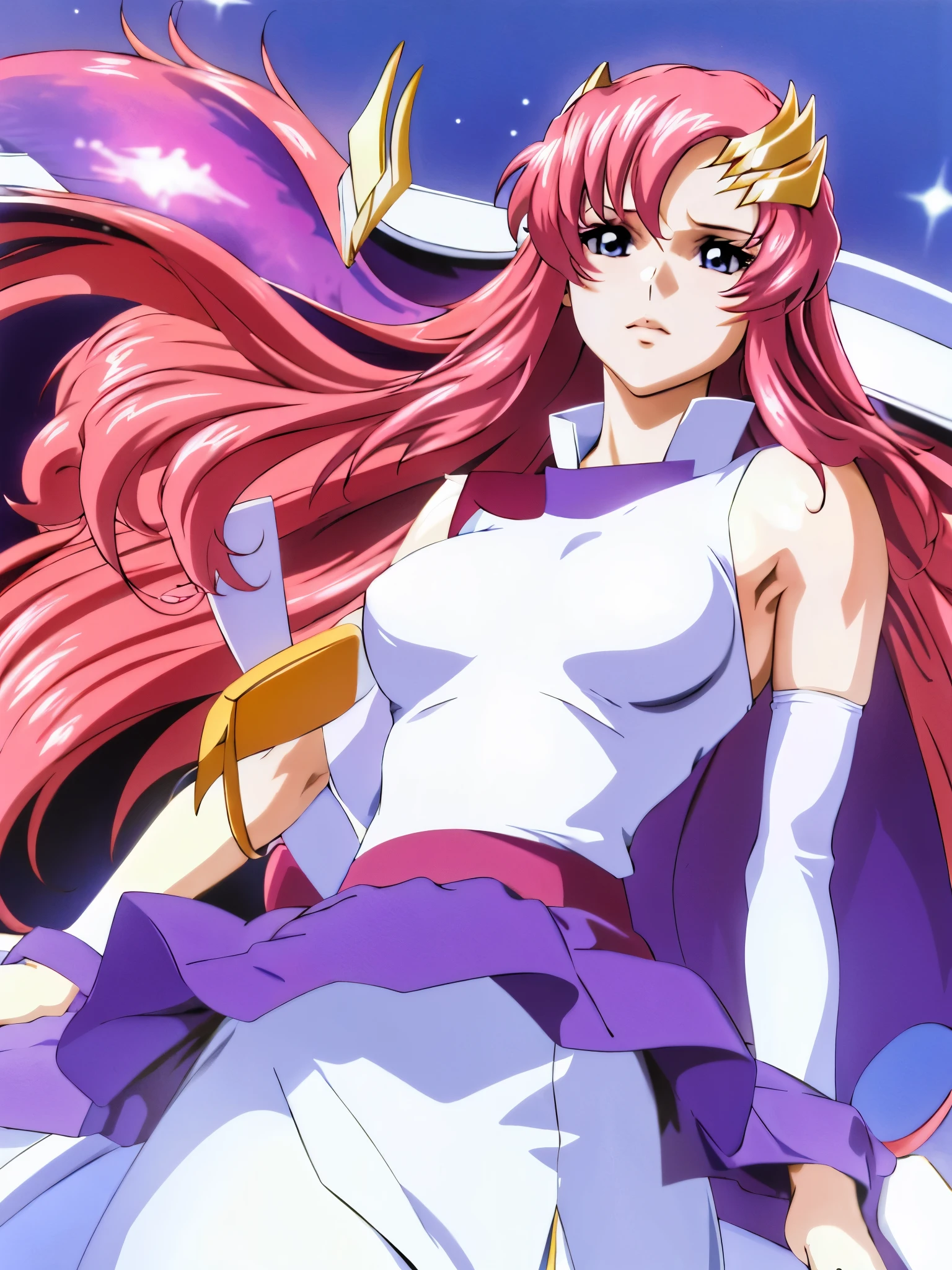 Armpit Show,masterpiece, highest quality, High resolution, anime, Lux 1, 1 Girl, alone, Lux 1, 1 Girl, alone, Pink Hair, Straight hair, hair ornaments, removable white sleeves, blue eyes, White Dress, Purple Skirt, Long skirt, Very long hair, Bare shoulders, big breasts, (Skirt Lift:1.3), (Thong:1.1), Chest Flash