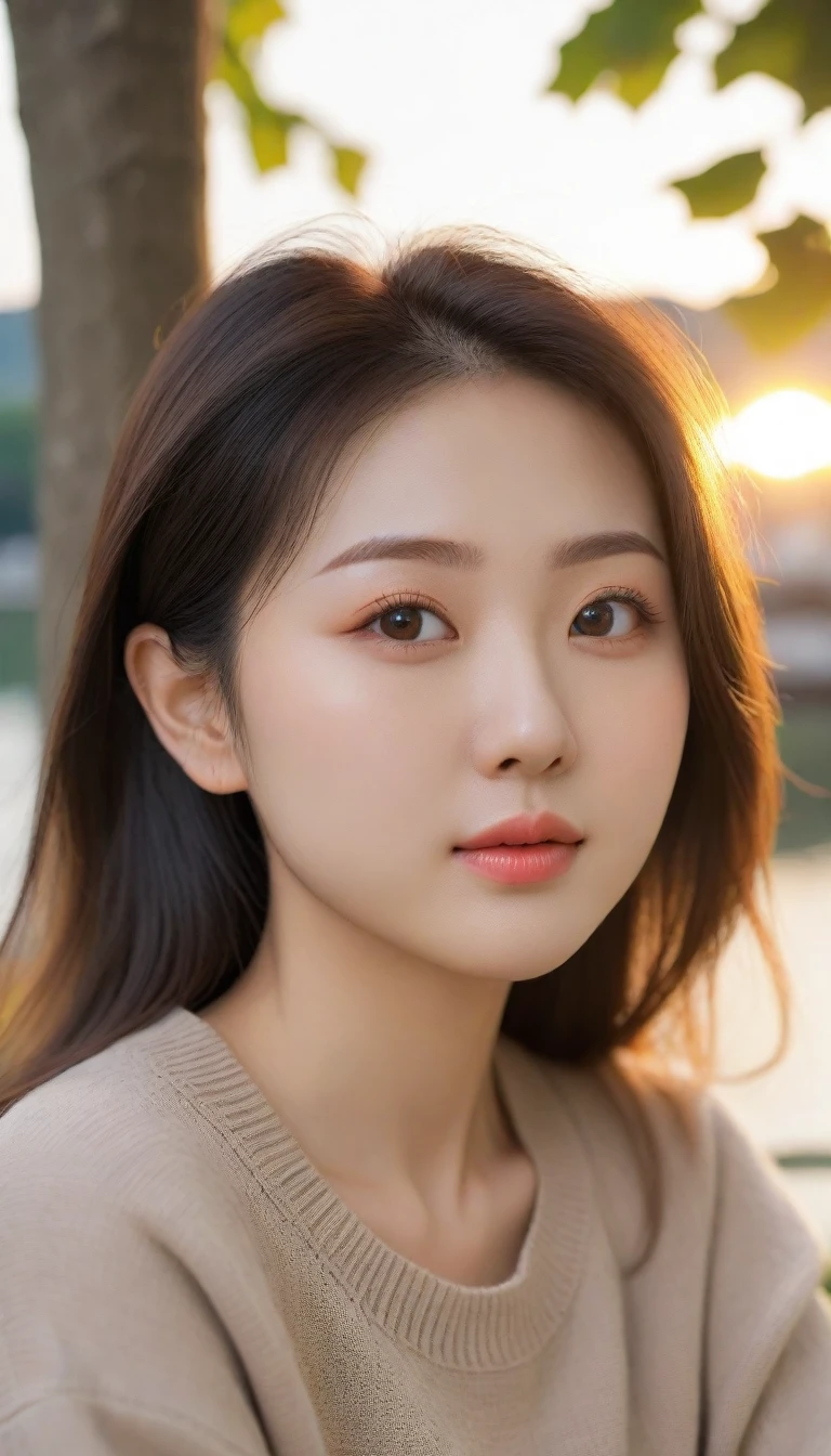 Close-up shot of beautiful korean female, 34 inch breasts size, hime cut, making puffy cheeks, brown sweater, sitting under the tree, riverside view, selfie , sunset light, UHD