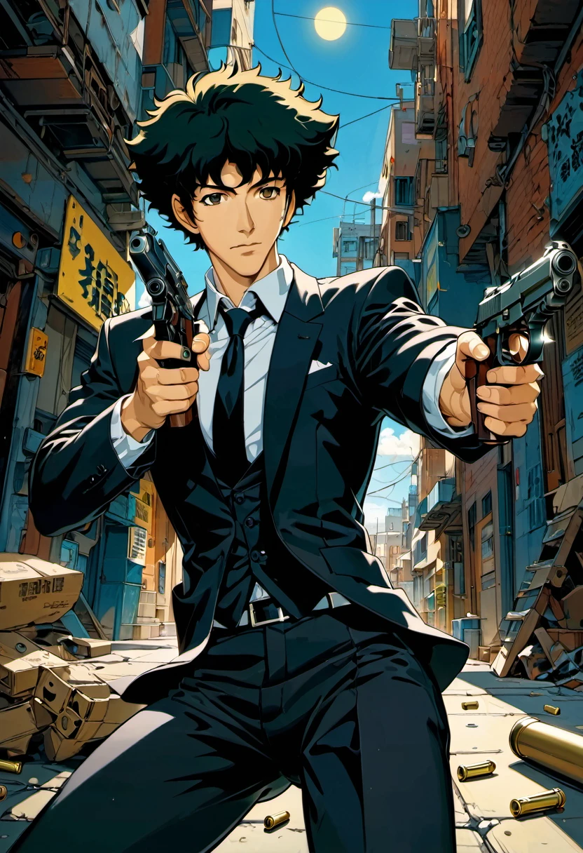 boy, Spike Spiegel, Cowboy Bebop, brown eyes, smile, black hair, black suit and tie, white shirt, black slacks, black polished shoes, standing, dynamic action pose, holding dual pistols, beretta 92, muzzle flash, shell casings, gunsmoke, bullet holes, aiming at viewer, 1990s style, shooter, (masterpiece, best quality, Professional, perfect composition, very aesthetic, absurdres, ultra-detailed, intricate details:1.3)