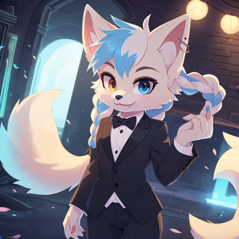 Mobian, ((arctic fox, long hair, fluffy hair, fluffy tail, finger claws, cute fangs, heterochromia, yellow eyes, blue eyes, kemono, braided hair, ear piercing, inner ear fluff, :3, multicolored hair, white hair, blue hair, highlights (coloring))), female anthro, high resolution, beautiful face, beautiful eyes, hyper detailed, Masterpiece, high quality, studio quality, intricate details, 8k, dynamic shot, HD, absurd res, digital media, ((tuxedo, dress pants))