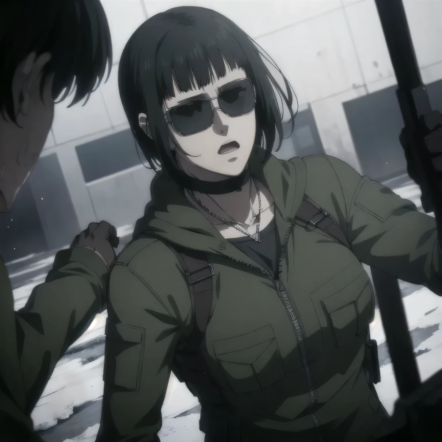 (best quality,ultra-detailed,realistic:1.37),musclaur badass girl wearing Winter jacket and undershirt and Camouflage combat trousers, full review of the female character's face and body, intense expression, strong and confident posture, studio lighting, vivid colors, physiologically-based rendering, grungy texture, rugged background, dust particles in the air, commanding presence, professional, powerful, gritty aesthetics,,Valmet،short hair,necklace,sunglasses,