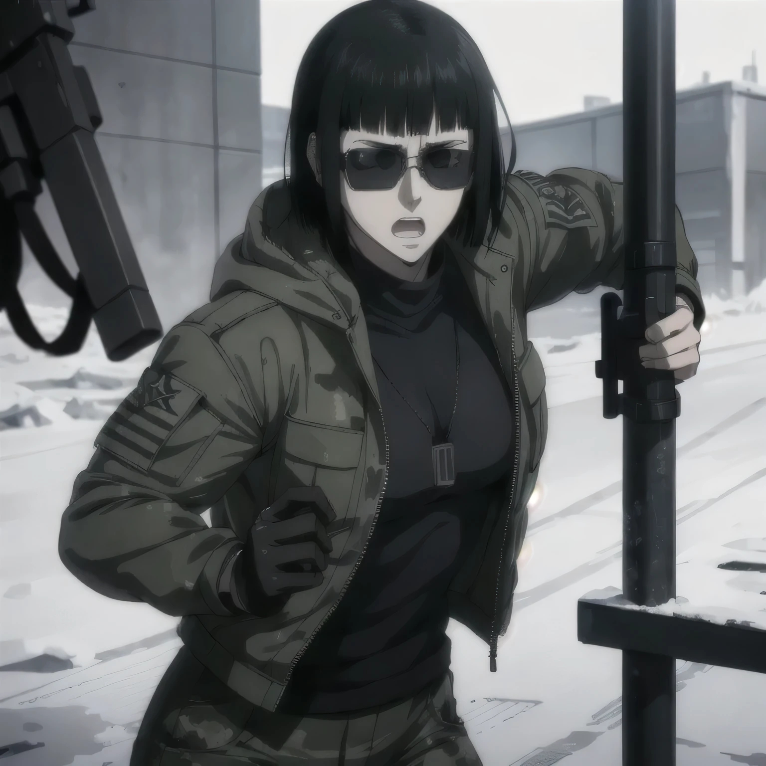 (best quality,ultra-detailed,realistic:1.37),musclaur badass girl wearing Winter jacket and undershirt and Camouflage combat trousers, full review of the female character's face and body, intense expression, strong and confident posture, studio lighting, vivid colors, physiologically-based rendering, grungy texture, rugged background, dust particles in the air, commanding presence, professional, powerful, gritty aesthetics,,Valmet،short hair,necklace,sunglasses,