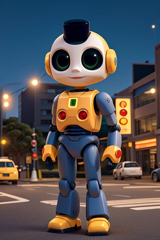 Traffic light robot, mascot, semaphore, transit, cartoon style, happy style, Suitable for five-year-olds, (robot's appearance is very cute:1.3), The robot looks like a traffic policeman, traffic light, (Simple design:1.1), (simple composition:1.1), white backgrounid, Road background, 2d, (best quality:1.4), high details, board