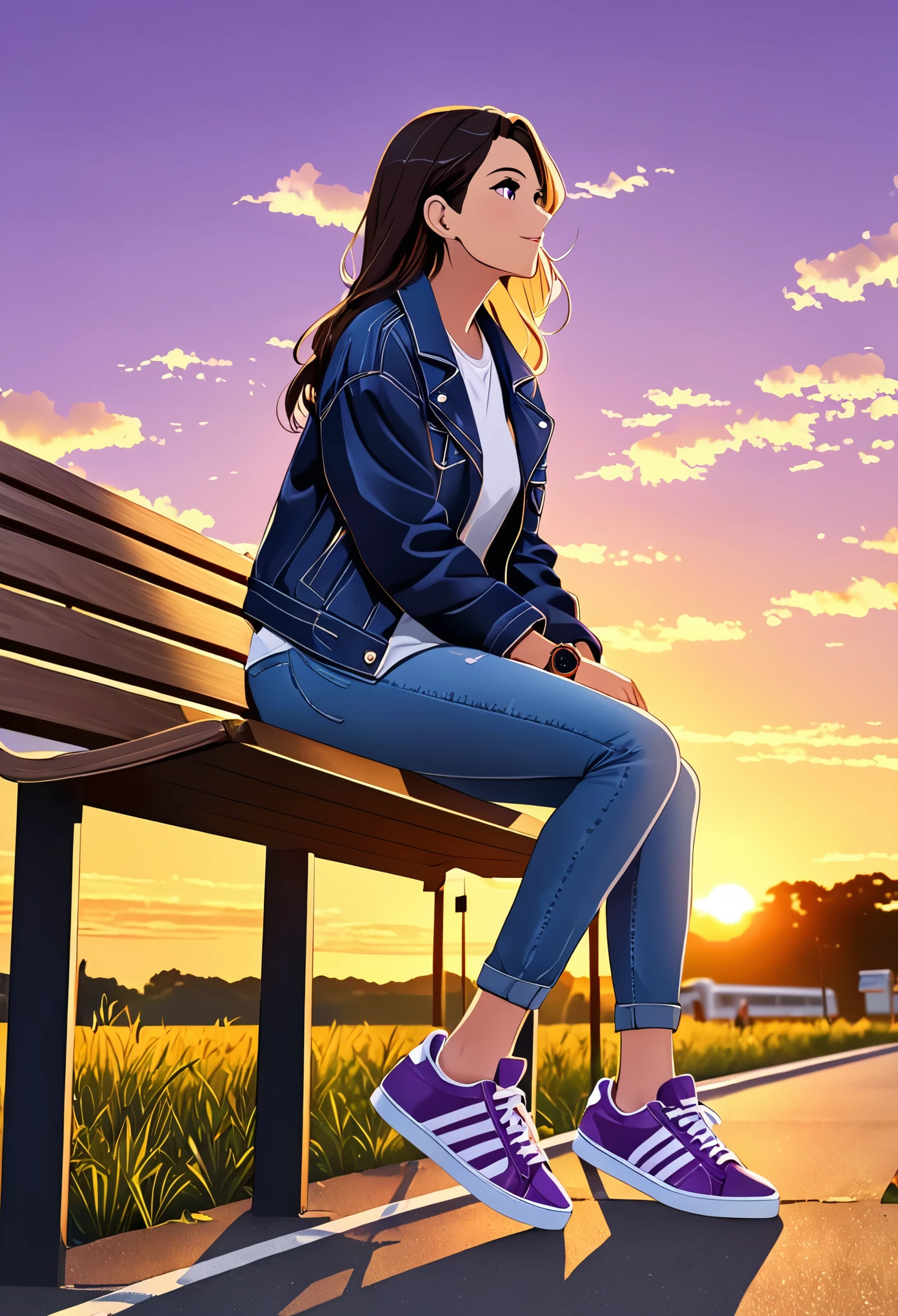 Um garoto estioso usando jaqueta jeans，Wear sneakers，Com um colar，wristwatch，Sit on a wooden bench by the roadside，waiting for the bus,Watch the clouds in the sky during the late afternoon yellow and purple sunset ，Foto de corpo inteiro em close，Ultra high definition, SVG,2D