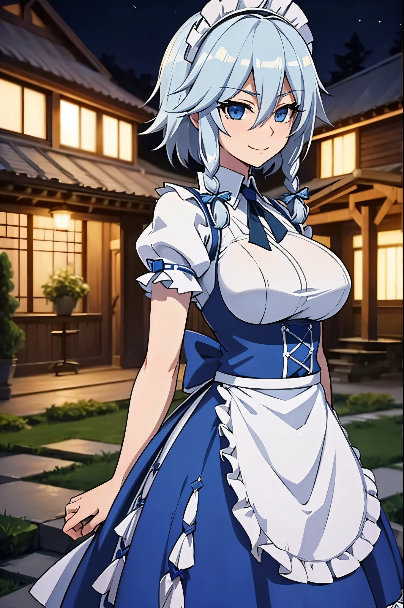 (masterpiece, official art), 1girl, solo, white hair, side braids, blue eyes, (sakuya izayoi:1.2), (maid dress), (closeup), portrait, (maid), standing, view from front, near mansion, gensokyo, countryside, at night, dark, moonlight, looking at viewer, (upper body), smile, seductive, alluring attire, slim, slender, large breasts