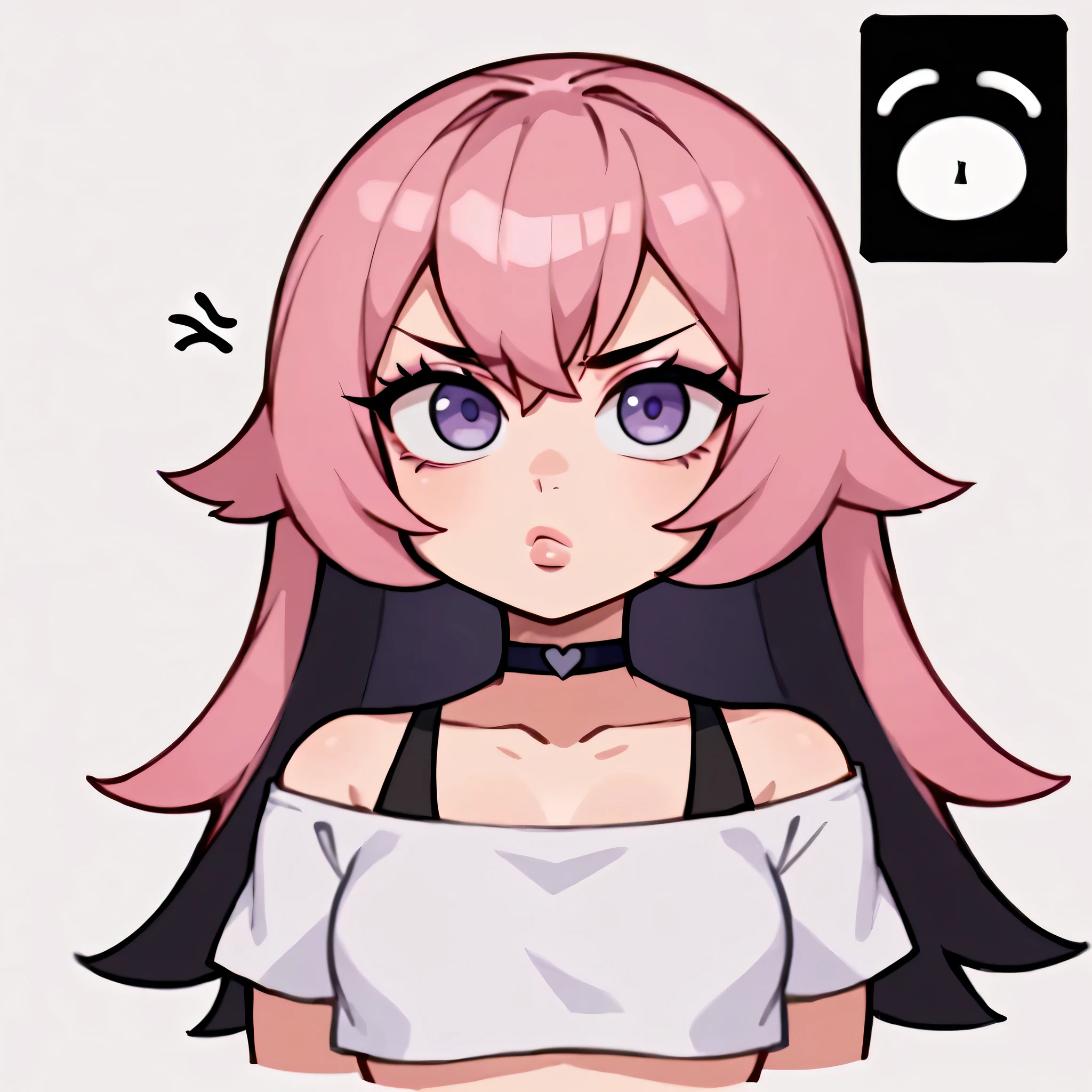 score_9, score_8_up, score_7_up, 1girl, (closeup), ((side eye)), ((annoyed)), anime waifu, waifu, ((portrait)), illustration, ((2d)), ((curvy)), ((twitch emote)), (((cute face))), ((long hair)), bangs, black pink hair, ((black and pink hair)), ((black hair)), gorgeous purple eyes, big eyes, anime eyes, eyeliner, long lashes, soft and full lips, choker, jewelry, crop top, (Jelly Art Style:0.2), ((anime style:0.8)), (((white background))), twitch emote,