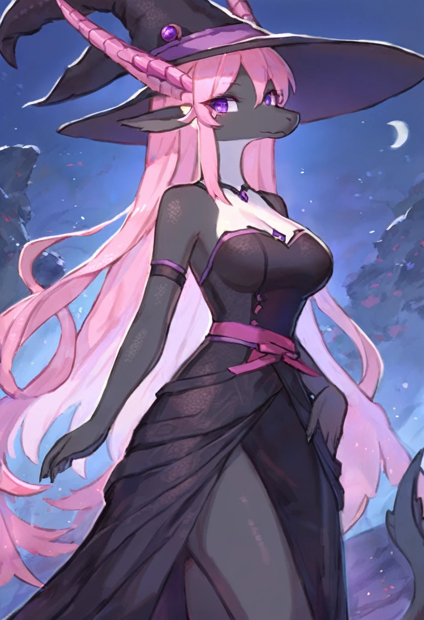 Game artstyle, refined art, masterpiece, ((solo)), anthro, female dragon, expressive, good anatomy, attractive, dress, witch, jrpg design, standing, black scales, long pink hair, purple eyes