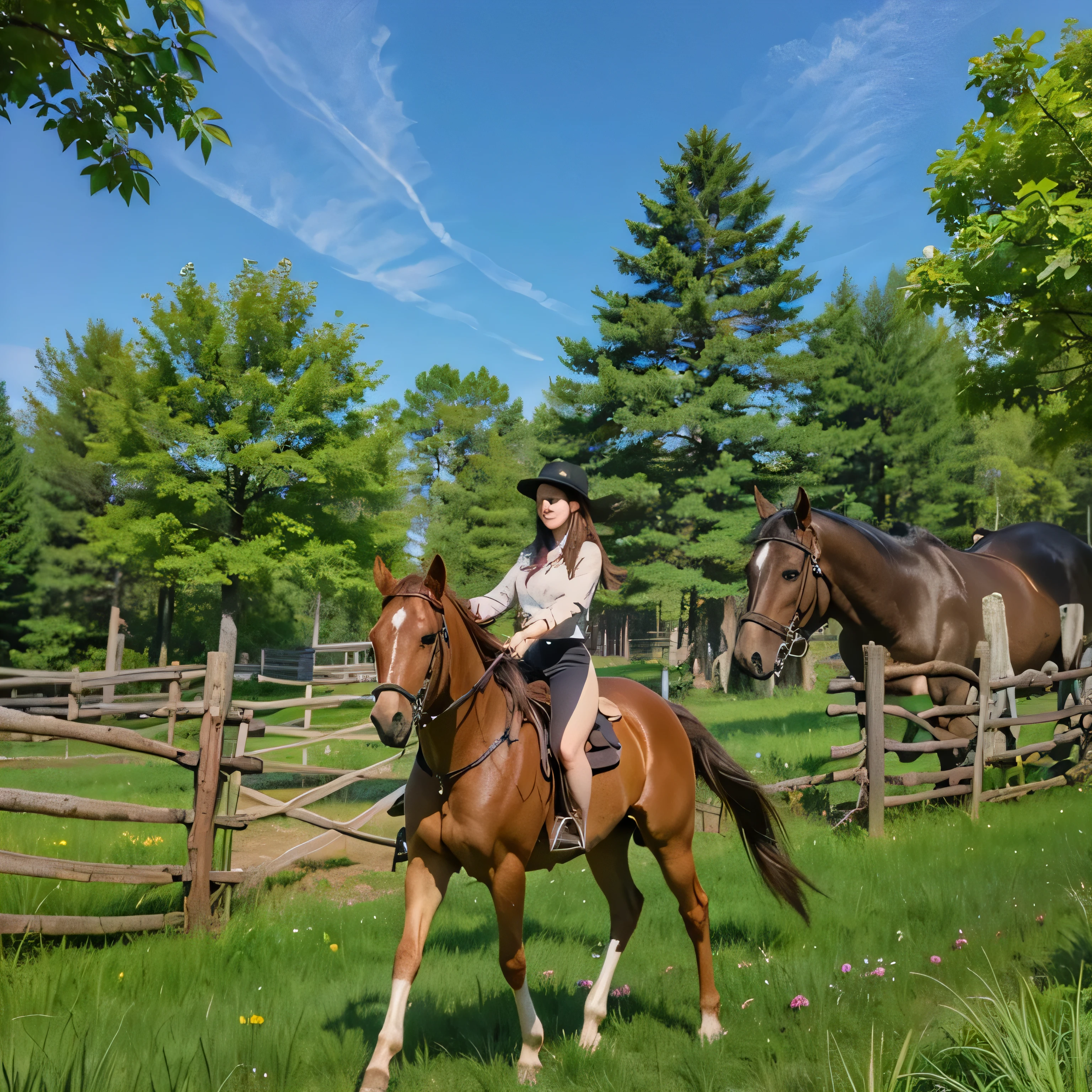 there is a woman riding a horse in a field of grass, , riding horse, ingame image, galloping through the forest, in -  ride horse, horse rider, riding a horse, in pink forest, beautiful