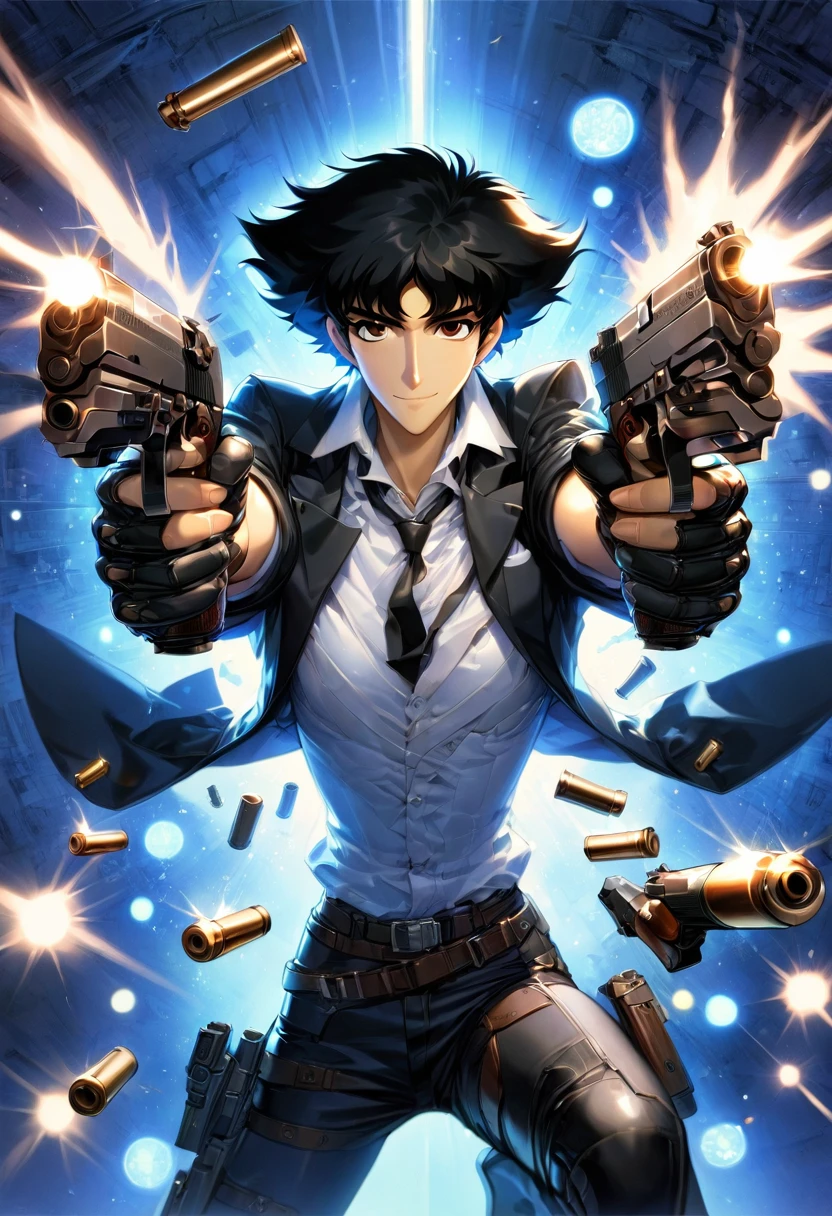 boy, Spike Spiegel, Cowboy Bebop, brown eyes, smile, black hair, black suit and tie, white shirt, black slacks, black polished shoes, outspace background, dynamic action pose, holding dual pistols, beretta 92, muzzle flash, shell casings, gunsmoke, bullet holes, aiming at viewer, 1990s style, shooter, (masterpiece, best quality, Professional, perfect composition, very aesthetic, absurdres, ultra-detailed, intricate details:1.3)