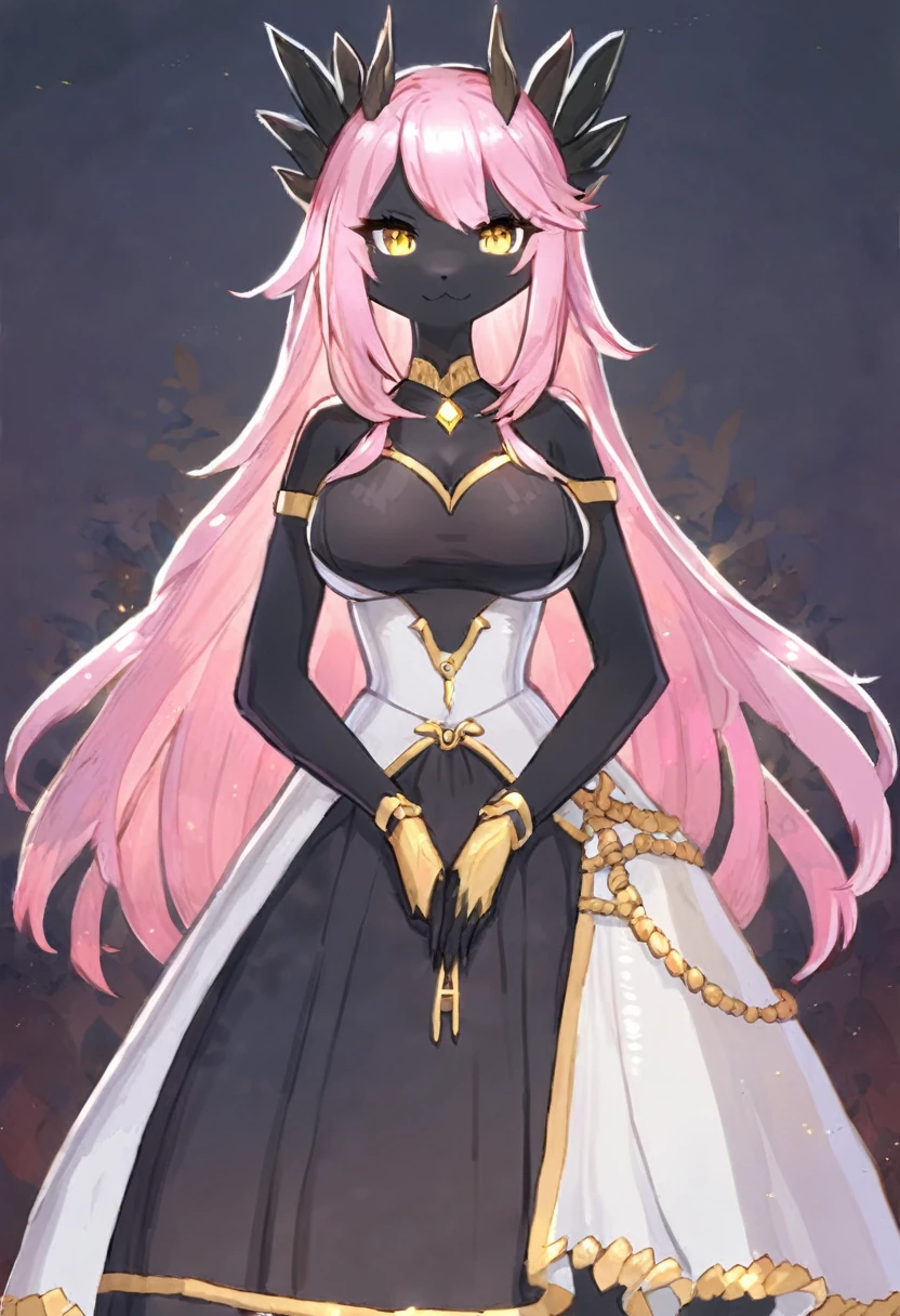 Game artstyle, refined art, masterpiece, ((solo)), anthro, female dragon avian hybrid, expressive, good anatomy, attractive, dress, witch, jrpg design, standing, black body, long pink hair, yellow eyes
