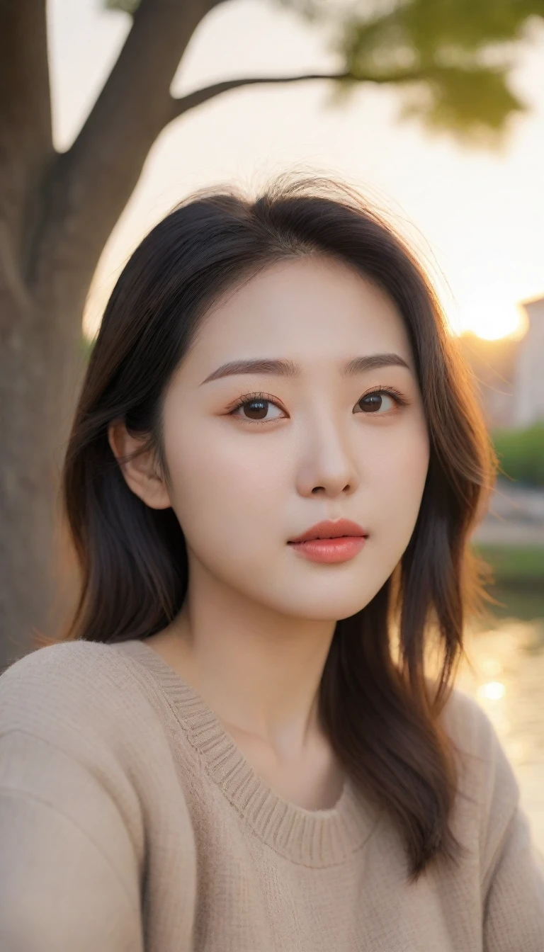 Close-up shot of beautiful korean female, 34 inch breasts size, hime cut, making puffy cheeks, brown sweater, sitting under the tree, riverside view, selfie , sunset light, UHD