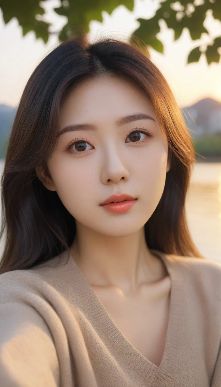 Close-up shot of beautiful korean female, 34 inch breasts size, hime cut, making puffy cheeks, brown sweater, sitting under the tree, riverside view, selfie , sunset light, UHD
