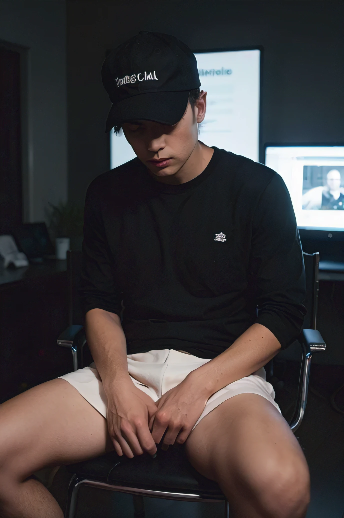 A man in the dark room sited on a chair. there is no any light in the room and the boy is very far to the screen he has a black cap on his head
