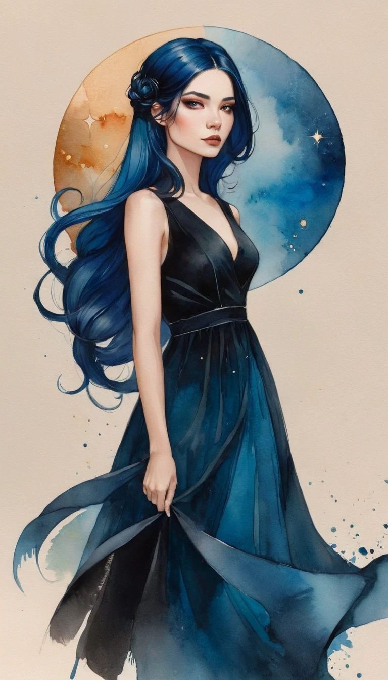 a watercolor painting of a woman with long black hair and a black dress, 2 girl with blue hair, style of charlie bowater, jen bartel, in style of charlie bowater, woman with flat hair, in style of anna dittmann, charlie bowater rich deep colors, inspired by Jeremiah Ketner, Inspired by Harumi Hiỉonaka, golden ratio.