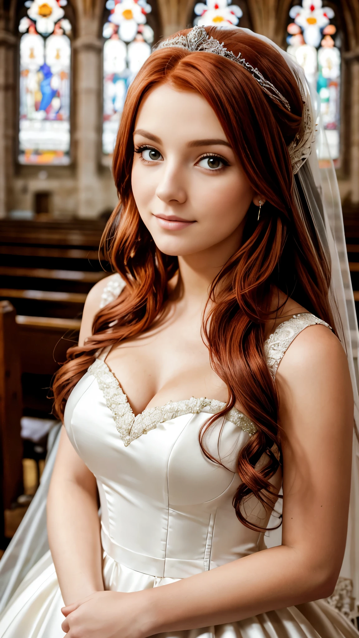 Beautiful red-haired girl with brown eyes and long hair in a wedding dress in a church professional photo shoot closeup on face