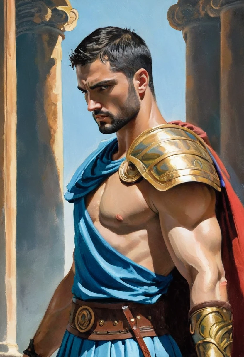 chiaroscuro technique on impressionist illustration of an masculine, Pantheon male model, handsome Roman, he is the god of war, he is Ares, Mars, evil-color, strong look, light blue eyes, strong jawline, dressed as a gladiator, ancient gladiator, male gladiator skirt, matte painting, by Harumi Hironaka, extremely soft colors, vibrant, pastel, highly detailed, digital artwork, high contrast, golden dramatic, refined, tonal, an intimate, golden year 