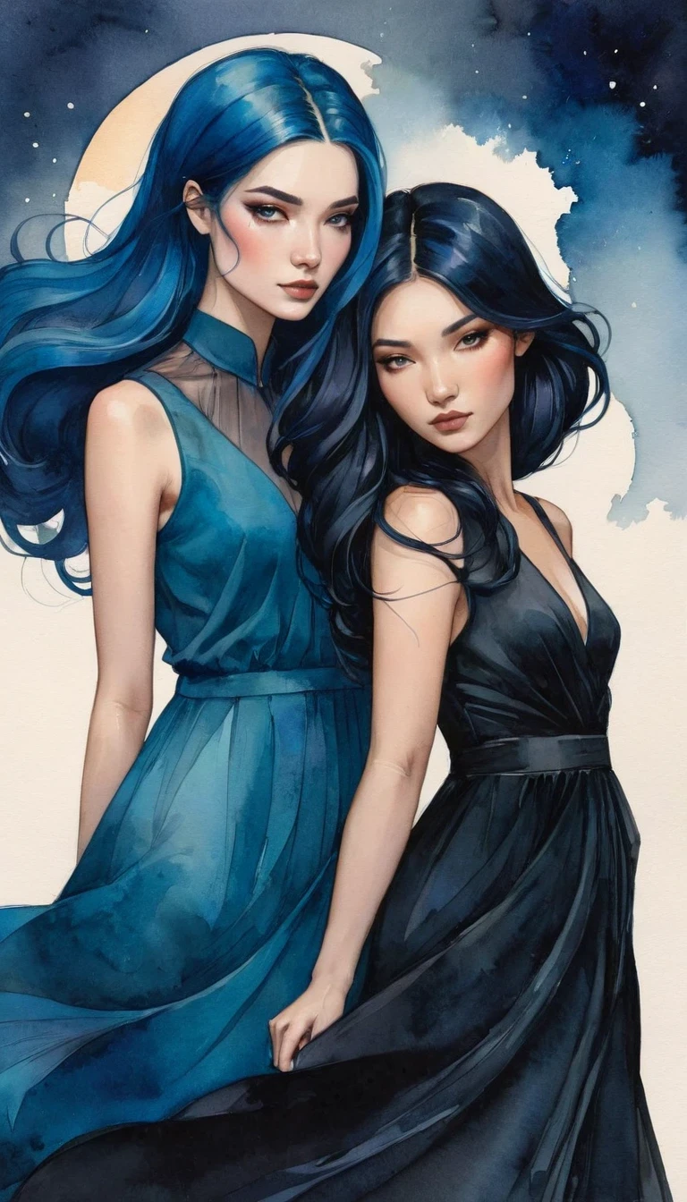 a watercolor painting of a woman with long black hair and a black dress, 2 girl with blue hair, style of charlie bowater, jen bartel, in style of charlie bowater, woman with flat hair, in style of anna dittmann, charlie bowater rich deep colors, inspired by Jeremiah Ketner, Inspired by Harumi Hiỉonaka, golden ratio.