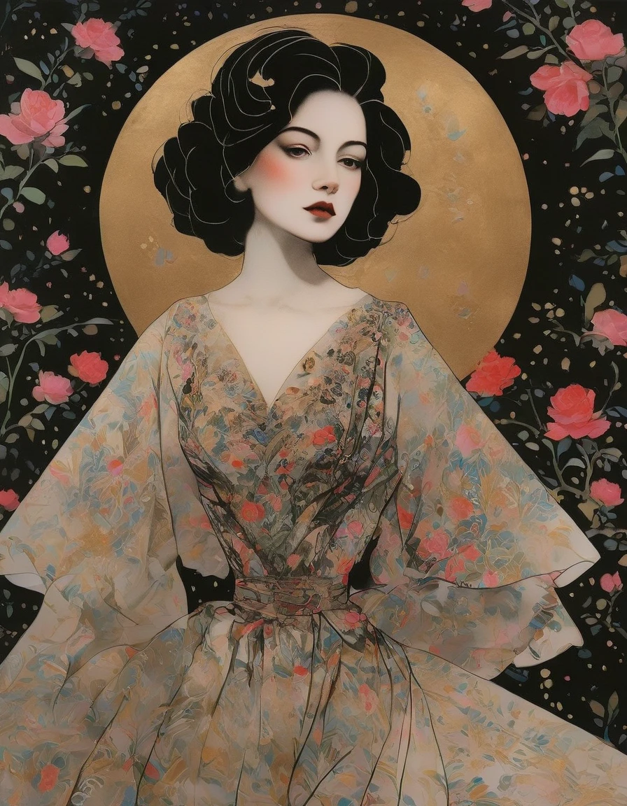 chiaroscuro technique on sensual illustration of an elegant queen , vintage ,silky dress, matte painting, by John Singer Sargent, by Harumi Hironaka, extremely soft colors, vibrant, pastel, highly detailed, digital artwork, high contrast, dark dramatic, refined, tonal, an intimate, seductive studio setting with a focus on sensuality and romance. Utilize soft, warm lighting that bathes the space in a gentle, inviting glow. Incorporate luxurious fabrics, plush furnishings, and a touch of decadence to evoke an opulent ambiance. The scene should exude an air of serenity and anticipation, inviting the viewer into a sensual and romantic space