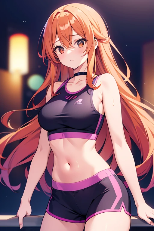 A beautiful woman with long straight orange hair wearing a purple sports bra, and black lycra shorts