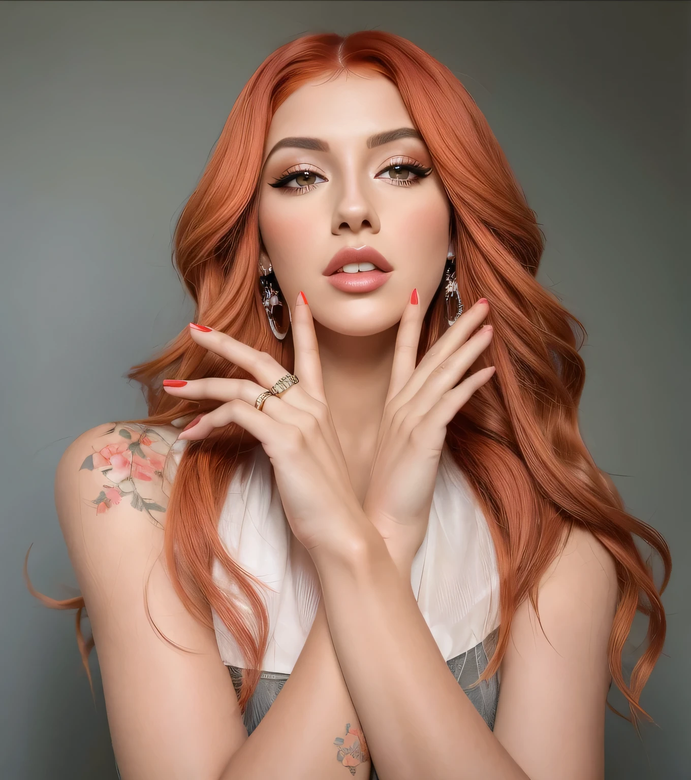 mulher arafa com cabelos ruivos e piercings posando para uma foto, cabelo ondulado ruivo, retouched hands, flowing red hair, photo of a hand jewelry model, Katherine Mcnamara inspirada, red hair and attractive features, cabelo castanho coral, cabelo cacheado cor de cobre, cabelo loiro e ruivo em dois tons, cabelo ruivo longo e solto, cindy avelino, cabelo de cobre, album art