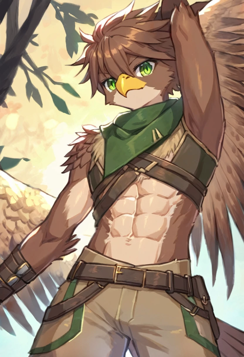 Game artstyle, refined art, masterpiece, ((solo)), anthro, male eagle, expressive, good anatomy, attractive, ranger, hunter, jrpg design, standing, brown feathers, light brown hair, yellow eyes, abs, midriff