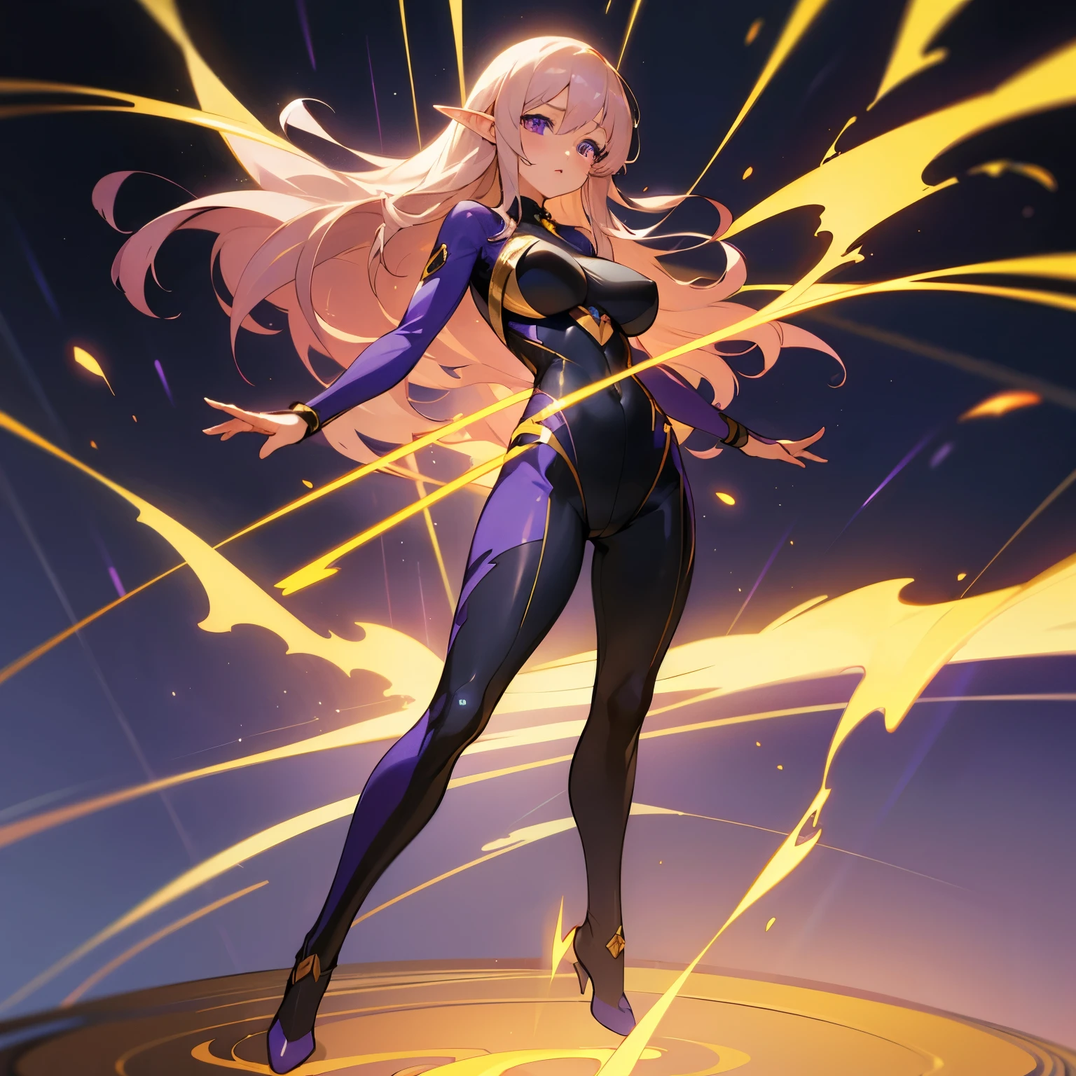 (best quality, masterpiece) girl, anime art style, purple eyes, golden hair, hair down, tight black and blue bodysuit, full body, elf, high quality eyes, adult, big breasts, surrounded by purple lightning.