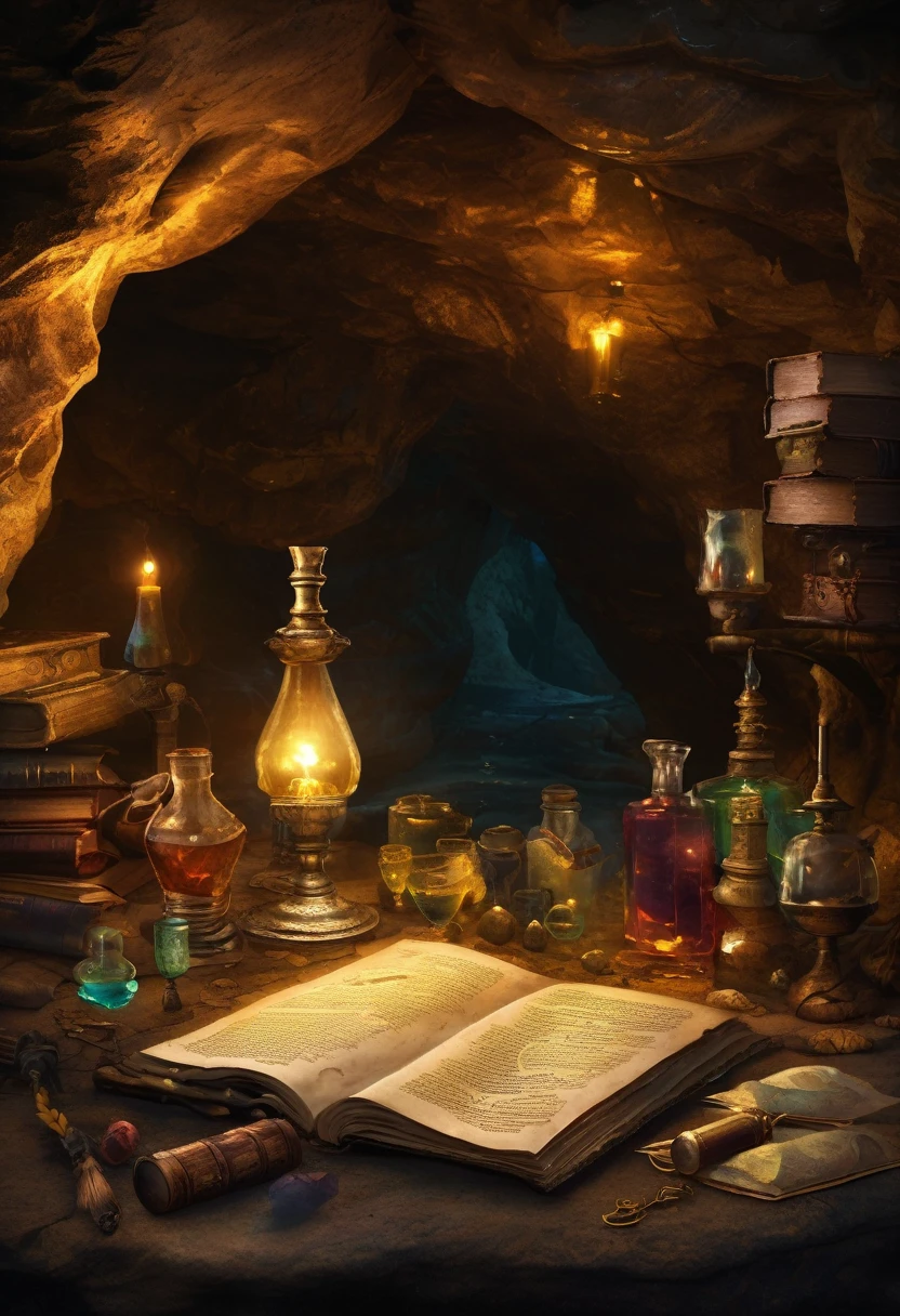 "in a cave a hidden alchemy laboratories with a table filled with ancient parchments and tomes and magical relics, Like a clear glass with sheets of parchment and light ((vintage)) alcohol ink and golden vines and subtle shadows"