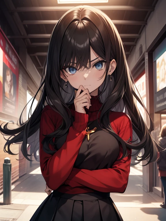 (Obra maestra), mejor calidad, ojos expresivos, cara perfecta, 1 chica, solo, cruzando las piernas, rin tohsaka, ojos aguamarina, pelo negro, hair cinta, pelo largo, cinta, cerraduras laterales, dos lados hacia arriba, black Falda, black muslos, mangas largas, miniFalda, pleated Falda, ((red sweater)), Falda, sweater, muslos, sweater tipo con cuello de tortuga, fondo de la ciudad, Session, hoja de personaje, parte superior del cuerpo, retrato, mirando al espectador