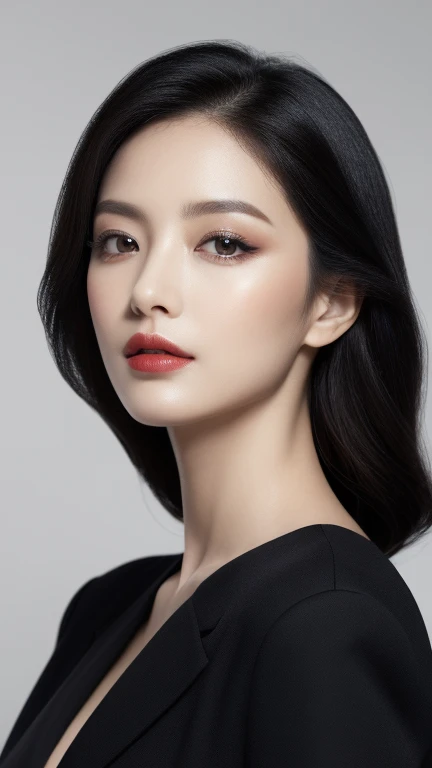 Title: "Elegance in Monochrome: Inspired Beauty"

Description: Behold the epitome of elegance and beauty in this stunning portrait of a woman captured in exquisite detail. With her captivating face and mesmerizing eyes enhanced by cosmetic touches, she exudes sophistication and allure.

Dressed in a black blazer, she stands with poise against a pristine white background, her black hair framing her face with elegance. Her red glossy lips add a touch of glamour to the scene, while her big eyes draw you in with their depth and intensity.

Every aspect of her face is rendered in extreme detail, from the subtle contours to the delicate features. This high-quality, 8K wallpaper captures her beauty in its purest form, inviting you to admire her timeless elegance and grace.