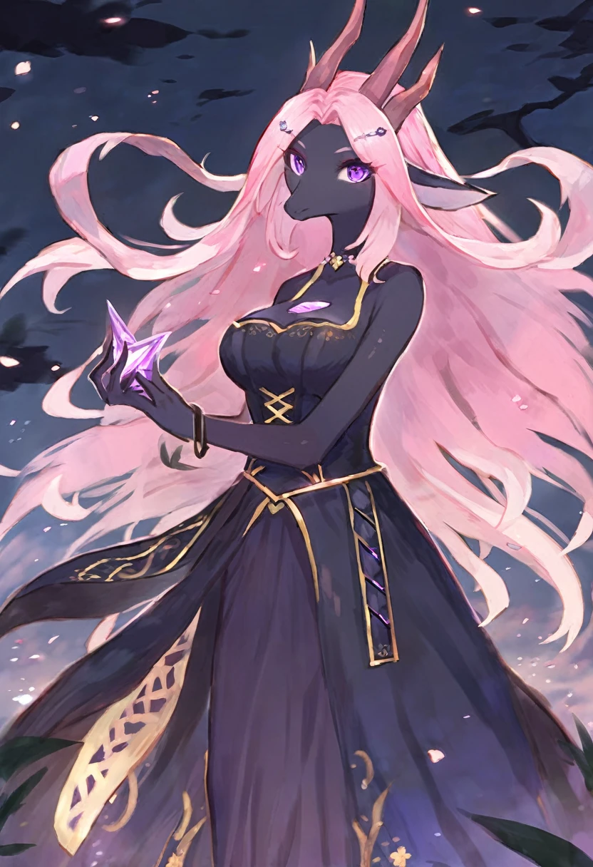 Game artstyle, refined art, masterpiece, ((solo)), anthro, female dragon, expressive, good anatomy, attractive, dress, witch, jrpg design, standing, black body, long pink hair, purple eyes