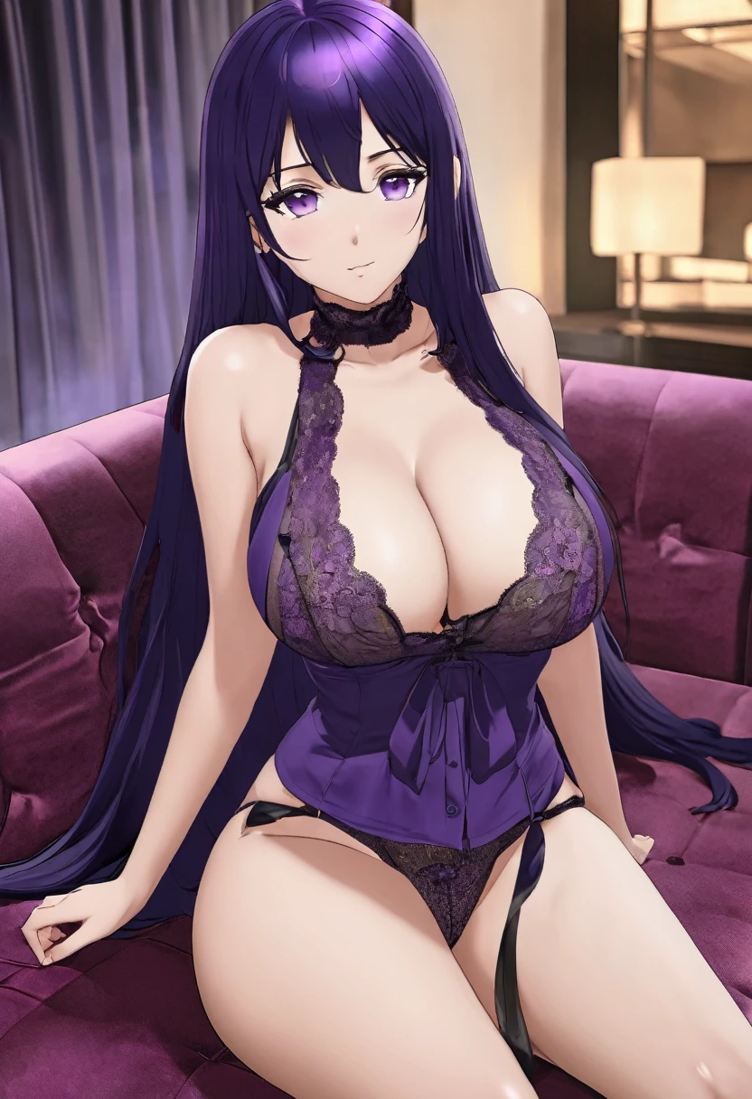 She is 18 years old, long dark violet hair, lilac eyes, huge breasts, sexy lingerie, waiting sitting on the hotel couch, nervous for the client so that the mission can be accomplished at night..hentai