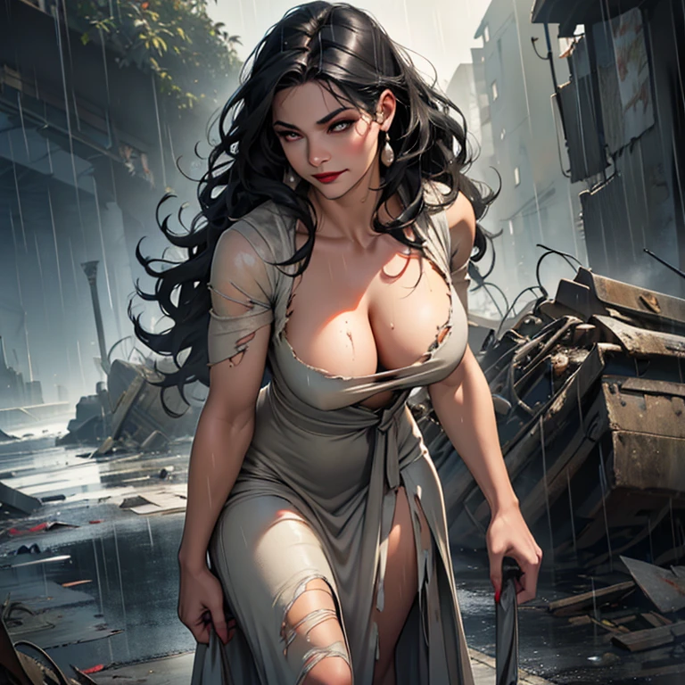 Beautiful 40 year old woman with wavy black hair muscular body perfect breasts silver evening dress standing smiling red lips leaning forward torn torn clothes sad face dirty ruined makeup raining black clouds view at 40 degrees