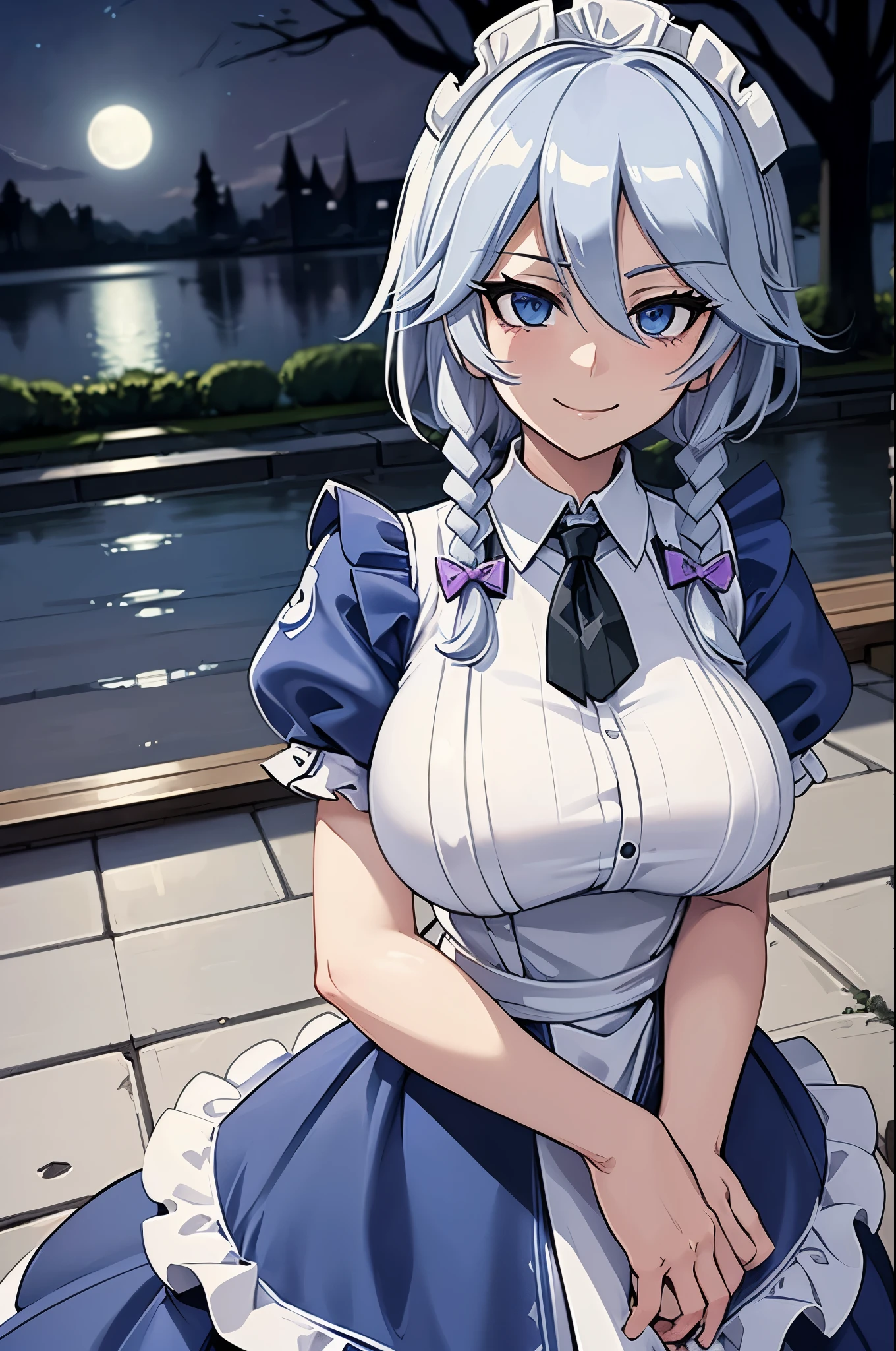 (masterpiece, official art), 1girl, solo, white hair, side braids, blue eyes, (sakuya izayoi:1.2), (maid dress), (closeup), portrait, (maid), standing, view from front, in mansion, gensokyo, at night, dark, moonlight, looking at viewer, (upper body), smile, seductive, alluring attire, slim, huge breasts