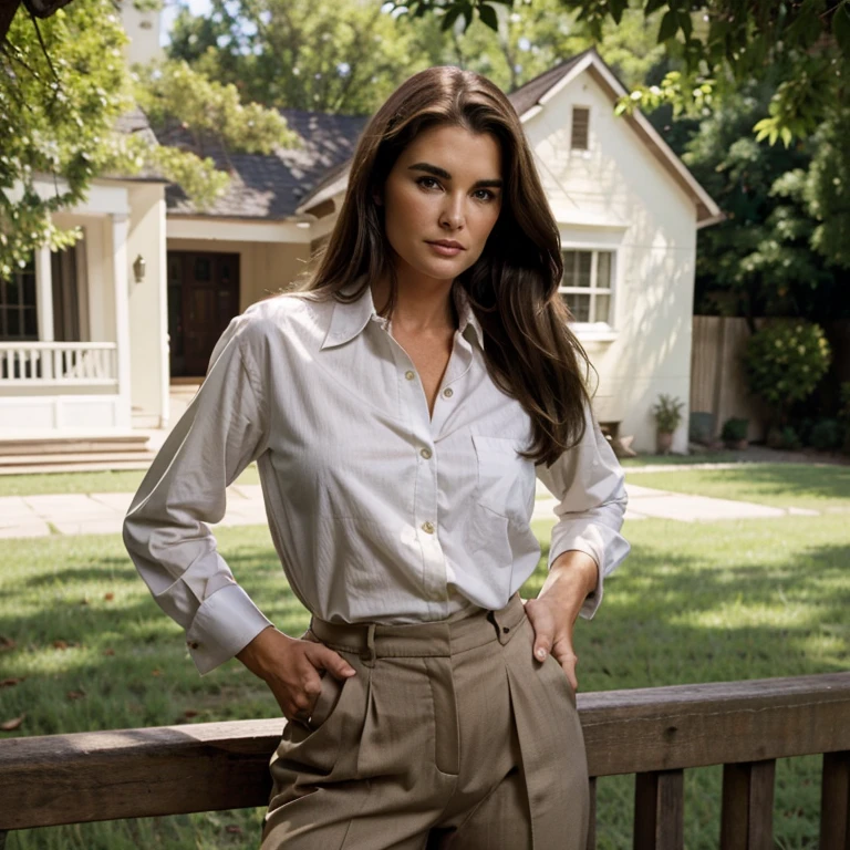 Brooke Shields dressed in a button-down shirt and pants