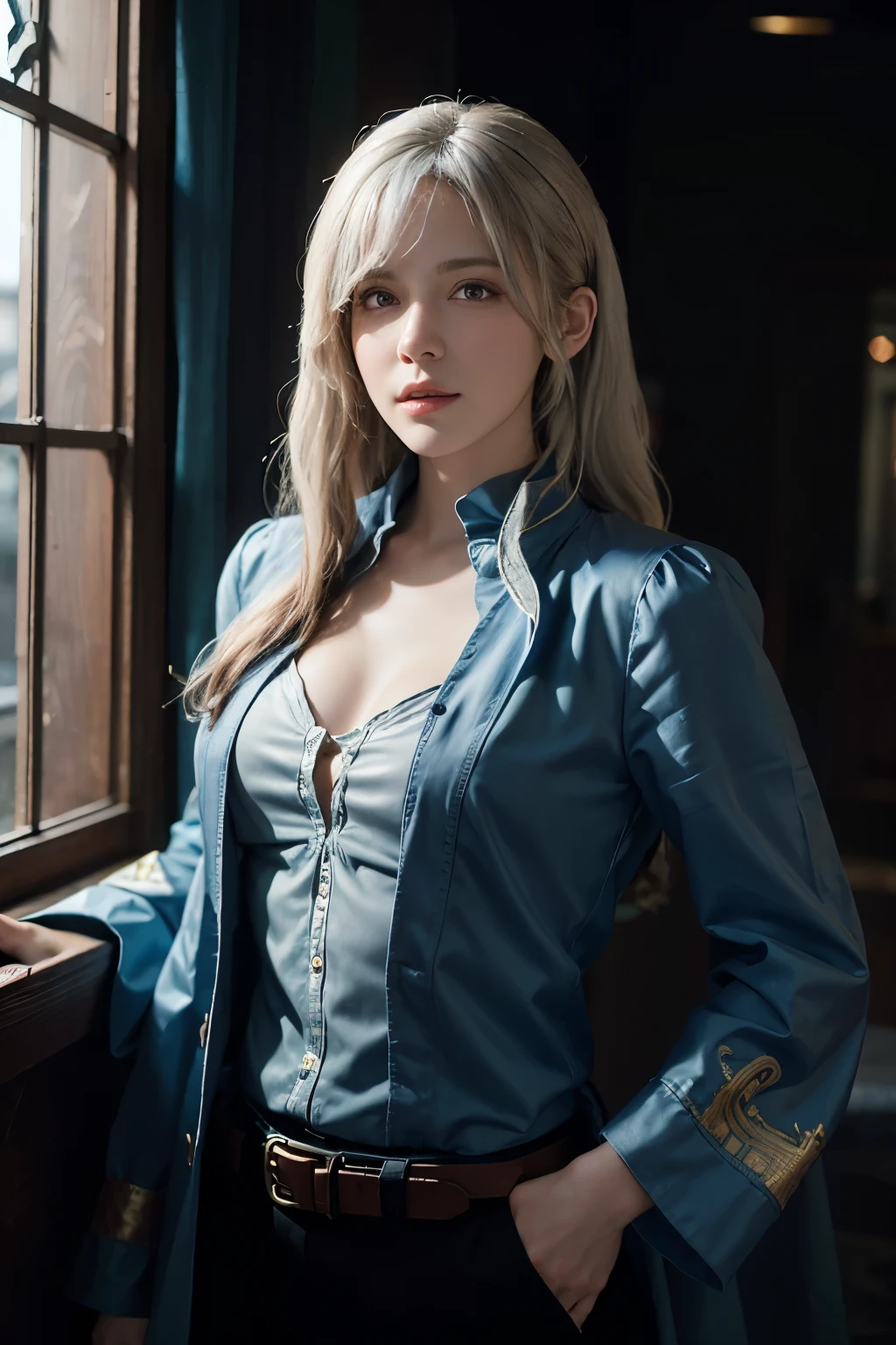 Hyperrealist portrait of female by david hockney and alphonse mucha,fantasy art, photo realistic, dynamic lighting, artstation, poster, volumetric lighting, very detailed faces, 4 k, award winning,, 1girl, in the dark, deep shadow, low key,cowboy shot,(official clothing:1.4) ,long hair,white hair,