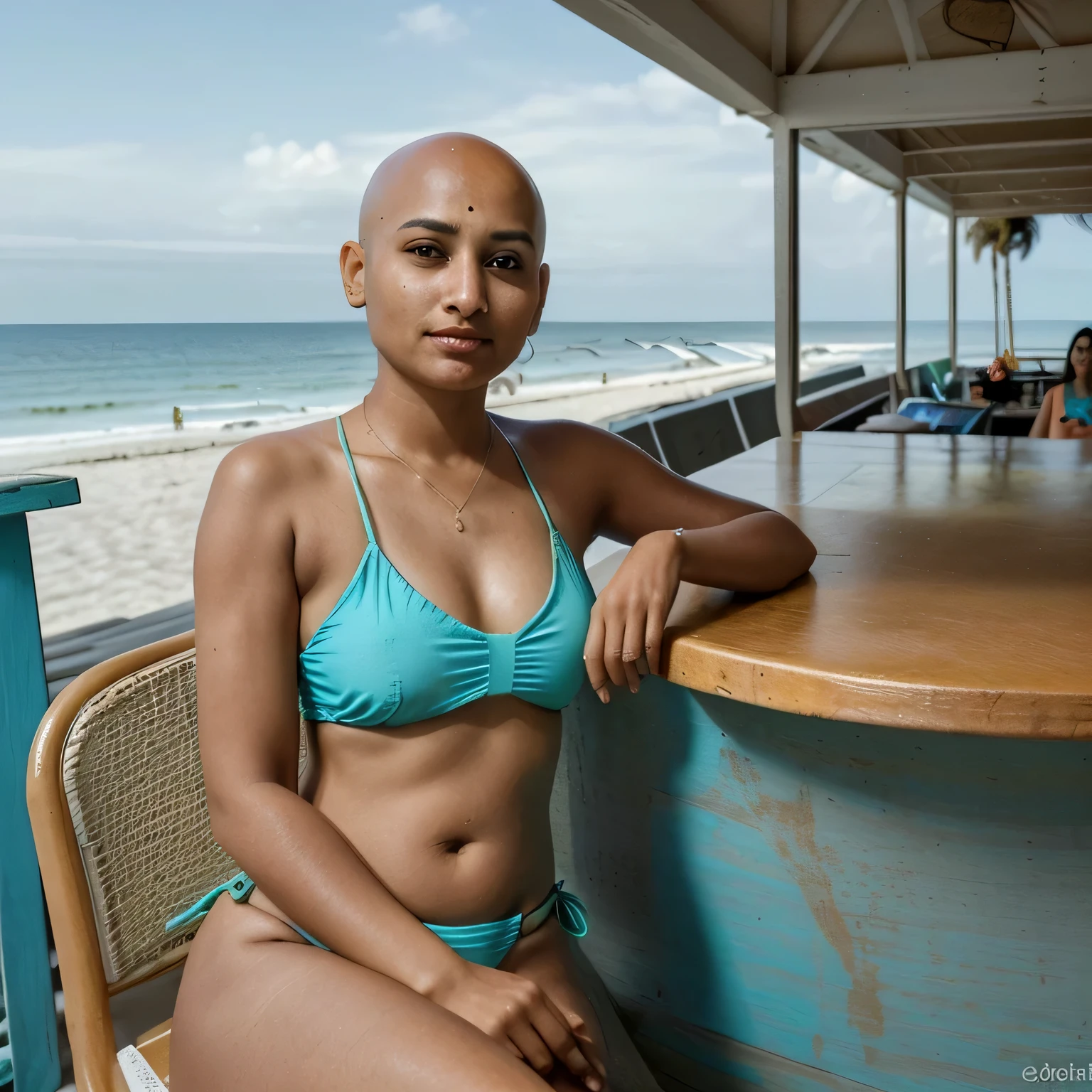 In a lively beachside bar setting, a young Indian woman with a bald head is seated comfortably, wearing a stylish swimsuit. She has a contemplative expression as she gazes at the ocean visible from the bar. The bar atmosphere is vibrant, filled with the sounds of the beach and people enjoying the sunny day. The setting emphasizes a mix of relaxation and the woman's thoughtful mood, as she enjoys the beauty of the beach in her casual, yet fashionable, summer attire.