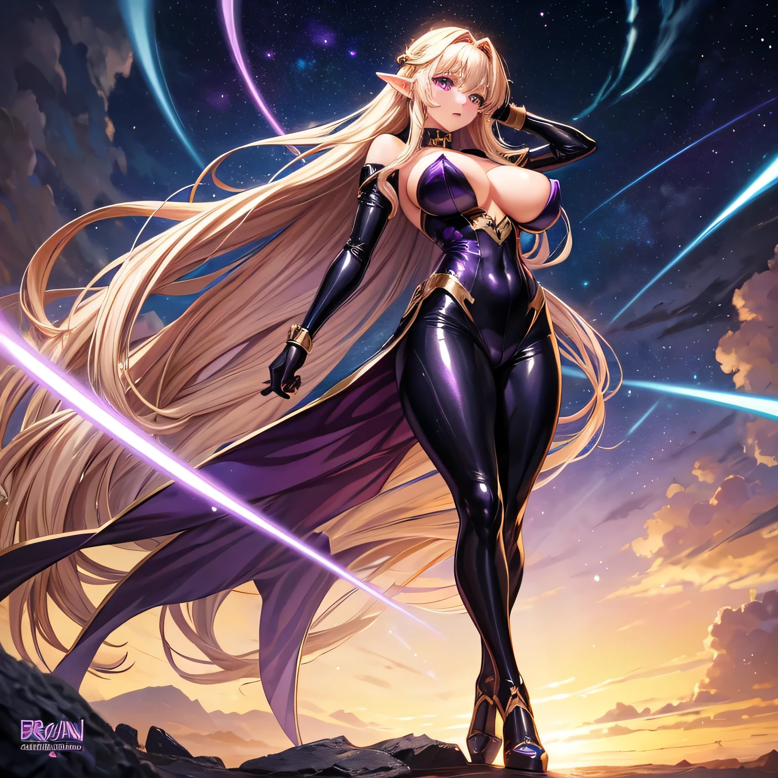 (best quality, masterpiece) girl, anime art style, purple eyes, golden hair, hair down, tight black and blue bodysuit, full body, elf, high quality eyes, adult, big breasts, surrounded by purple lightning.