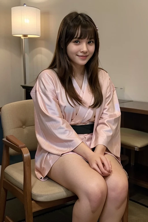 masterpiece, 1girl, 16 year old, beautiful bangs, full body image, wearing a japanese pink kimono, sitting on a chair, photo from phone, casual photo, beautiful eyes, beautiful facial structure, realistic, smiling, cute, Asian, 